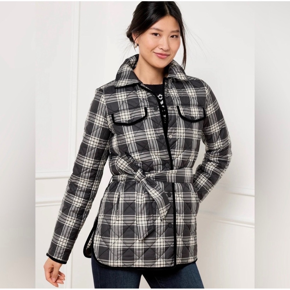 Talbots Quilted Plaid Belted Shirt Jacket Black White Size XL